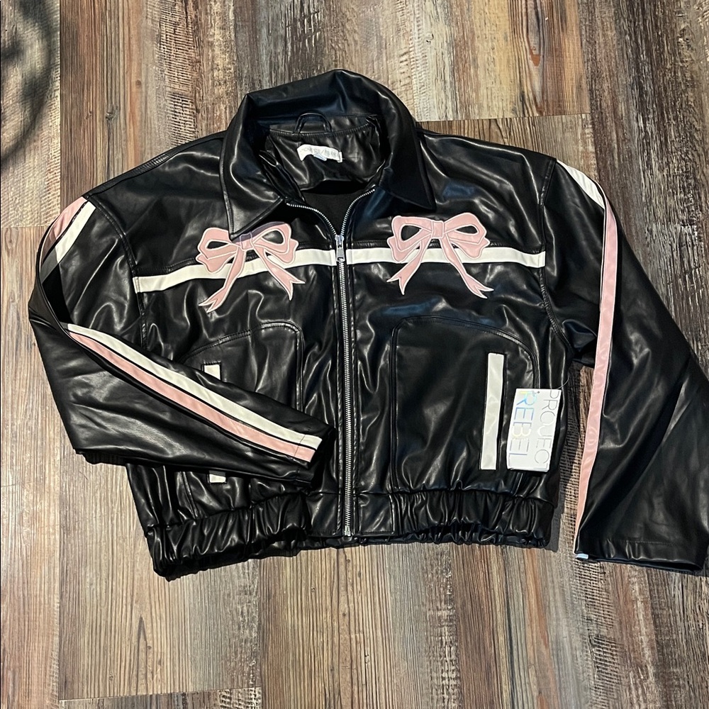 Black Leather Jacket with Pink Accents